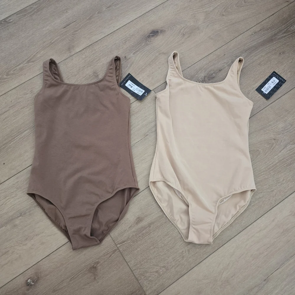 Set Of 2 Bloch Girls Basic Round Neck Tank Leotard Almond And Nude CL5405 12